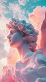 Cloud-forged angel gazes skyward through cotton-candy dawn