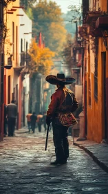 Traditional charro standing on cobblestone street at dusk.