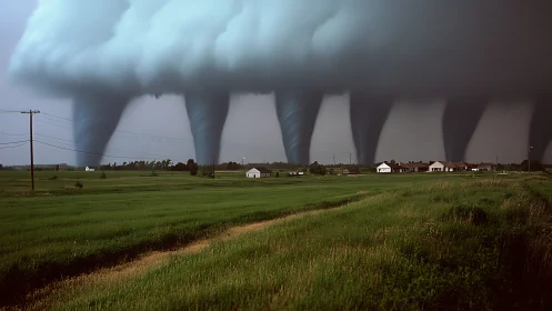 Multiple tornado funnels over rural plains landscape scene.