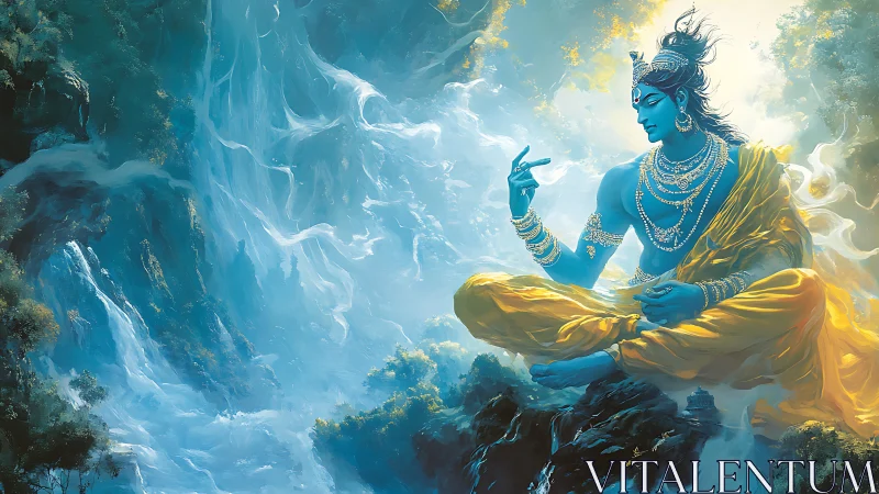 Blue meditative deity levitates above luminous mountain falls