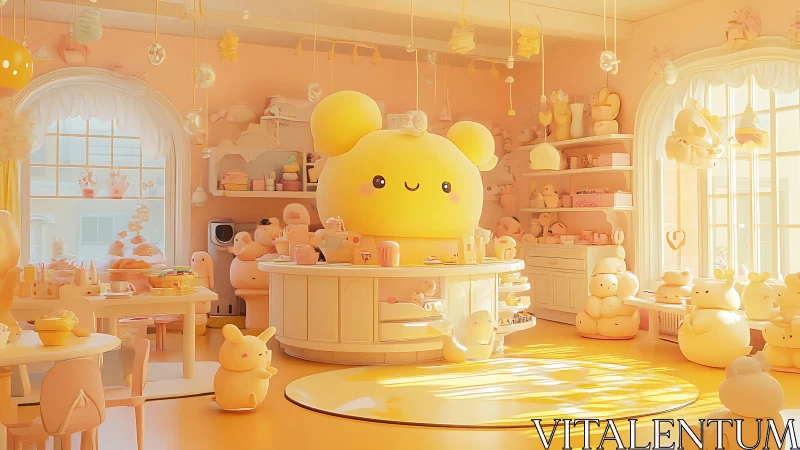 Kawaii pastel bear café glows in warm, whimsical sunlight.