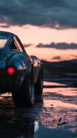 Sunset-soaked classic sports car beside reflective puddles.