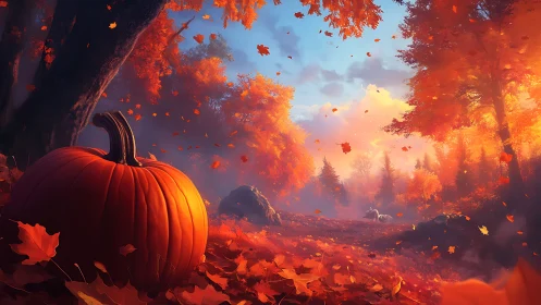 Digital painting of autumn forest path with foreground pumpkin.