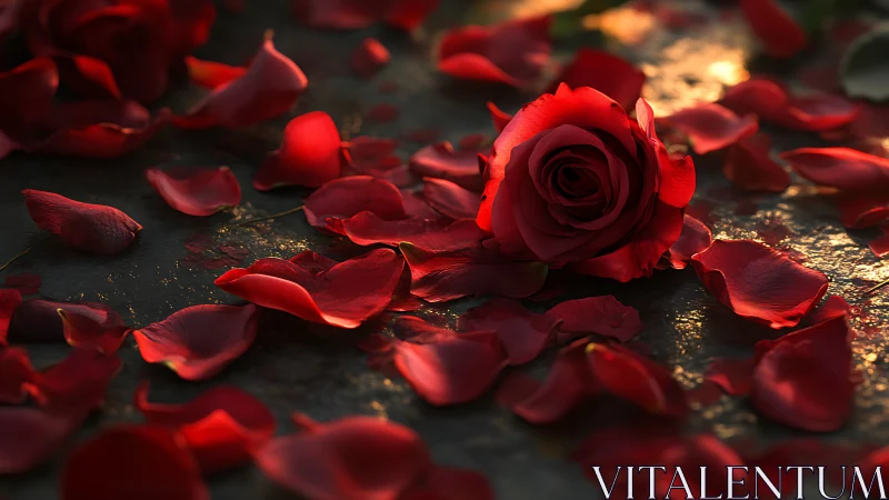 Red Rose on Dark Surface with Gold Accents.