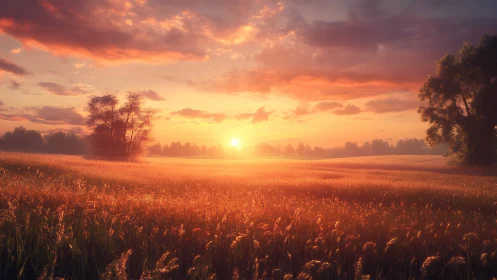 Radiant agrarian horizon under volumetric sunset illumination.