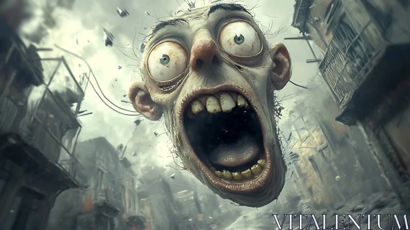Grotesque screaming head exploding through ruined street.
