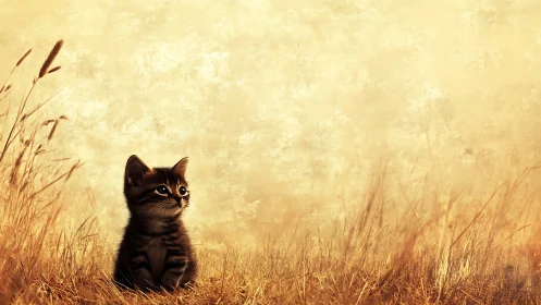 Black Kitten Gazing Upward in Golden Wheat Field.
