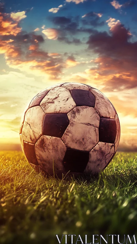 Weathered soccer ball on grass under evening sky.