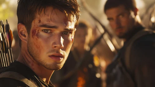 Battle-worn archer in shallow depth-of-field cinematic portrait