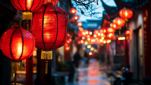Red paper lanterns glow along wet alley at blue dusk