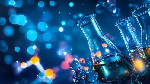 Glowing lab beakers and molecules in a dreamy blue night.