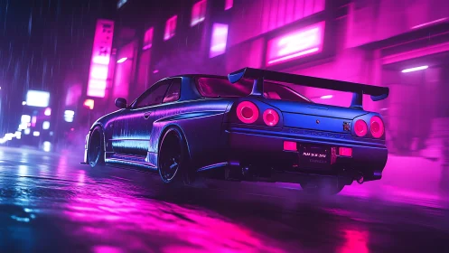 Neon rain chases a blue street racer through vapor pink night.