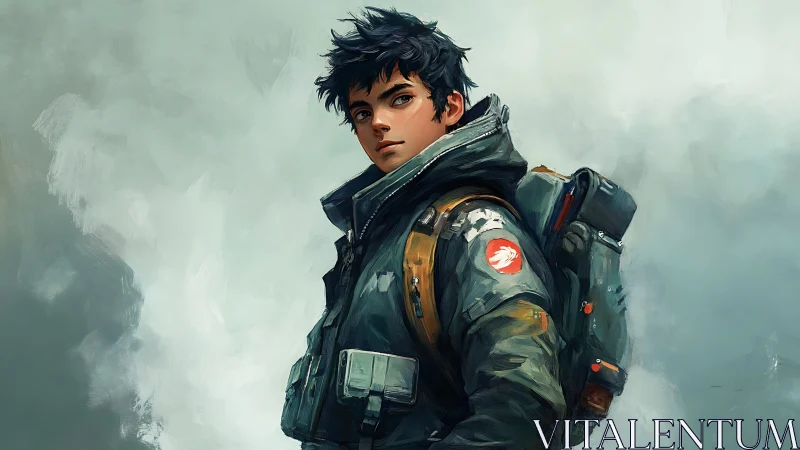 Young expedition traveler in tactical jacket and backpack.