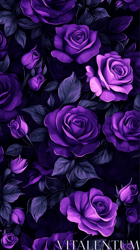 Stunning Purple Roses Bloom in Rich Darkness.
