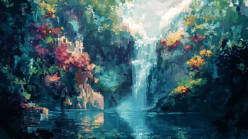 Pixel art waterfall oasis with prismatic foliage composition.