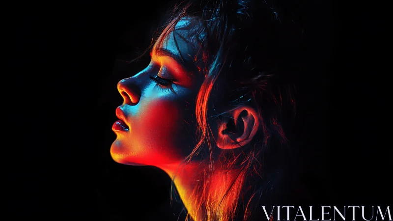 Profile portrait shows woman lit by blue and red neon light