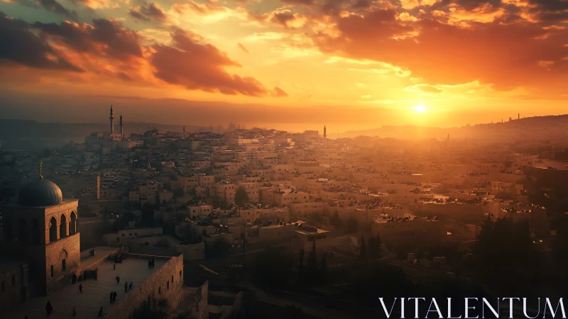 Golden sunset bathes a historic Middle Eastern cityscape in haze