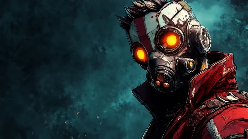 Lone masked wanderer gazes ahead with glowing resolve