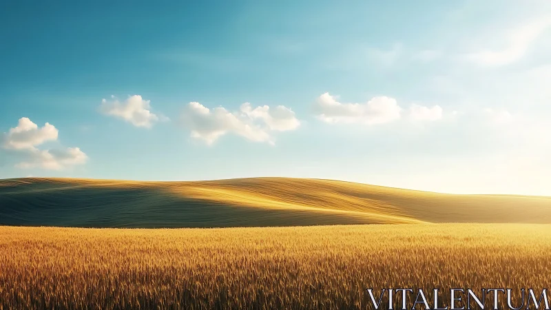 Golden wheat field under sunlit rolling hills at dawn.