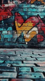 Painted brick wall with abstract graffiti shapes in color.