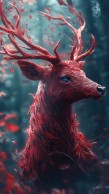 Red stag-like creature stands in misted forest environment
