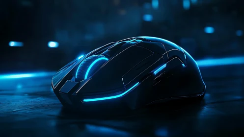 Sleek gaming mouse glowing with cool futuristic blue light.