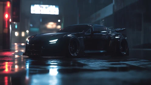 Sleek black sports car idles on a neon soaked rainy street.