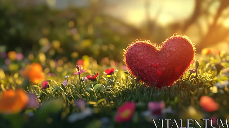 Red Heart Blooms Among Garden Flowers in Golden Sunlight.