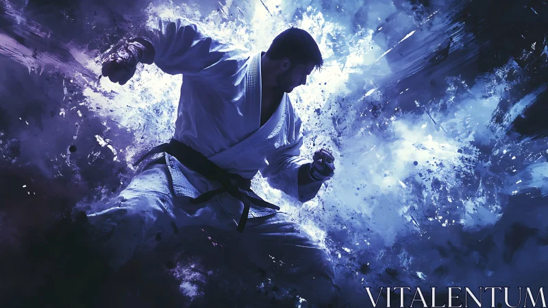 Martial artist explodes through swirling electric blue energy
