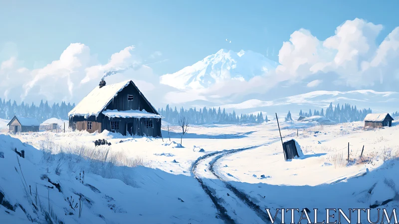 Snow covered rural homestead stands before distant mountain range