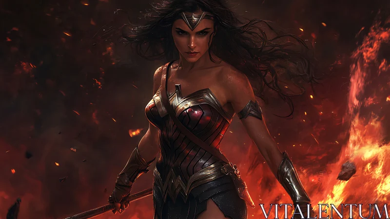 Armored female warrior stands amid fire and drifting embers