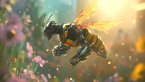 Cybernetic bee in luminous flower field at golden hour.