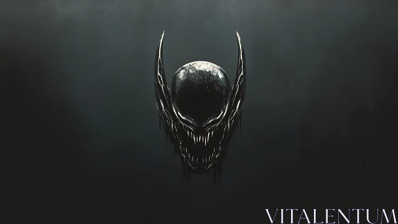 Symmetrical black creature head is centered on dark field