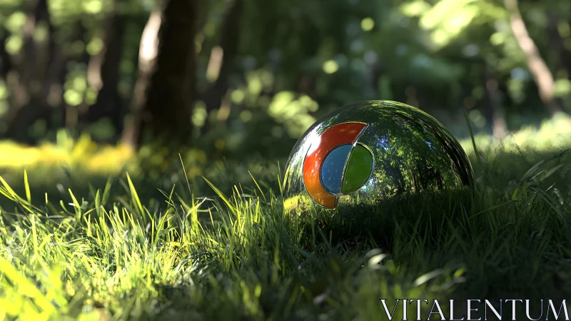 Chrome logo reflected on glass sphere in sunlit forest scene.