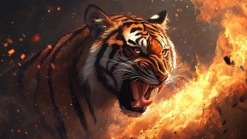 High-contrast digital rendering of roaring tiger amid dynamic flames