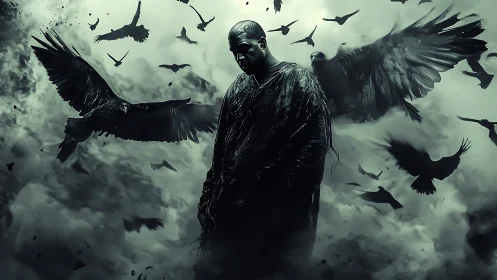 Solitary figure shrouded in ravens amid cinematic storm clouds