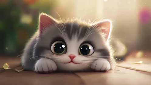 Fluffy White Kitten with Oversized Green Eyes.