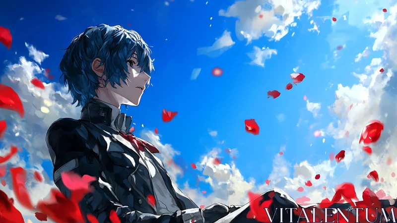 Blue haired anime figure in uniform amid drifting red petals