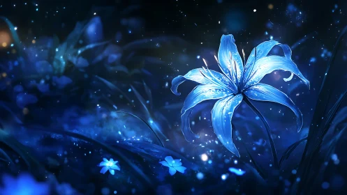Luminous blue lily in nocturnal flora digital painting.