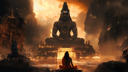 Colossal Shiva monument dominates molten, firelit canyon temple