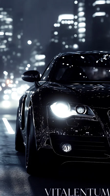 Low-key render shows glossy sports coupe under nocturnal city bokeh