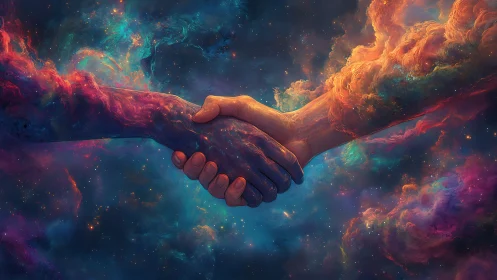 Cosmic nebula handshake unifies human silhouettes in space
