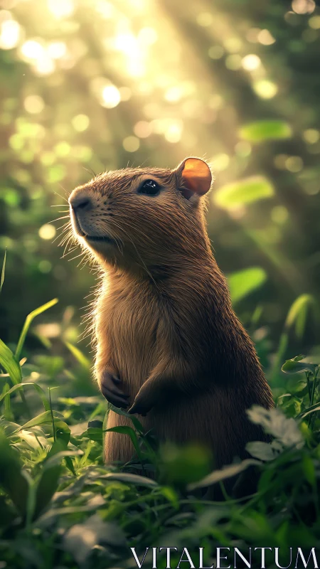 Sunlit forest capybara gazes upward in quiet wonder.