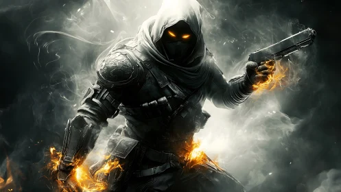 Ember-eyed rogue gunslinger strides through spectral smoke.