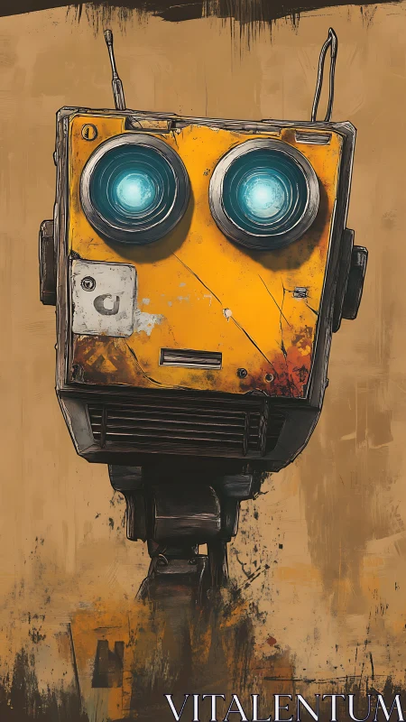 Rust-splashed yellow robot gazes ahead with luminous wonder.