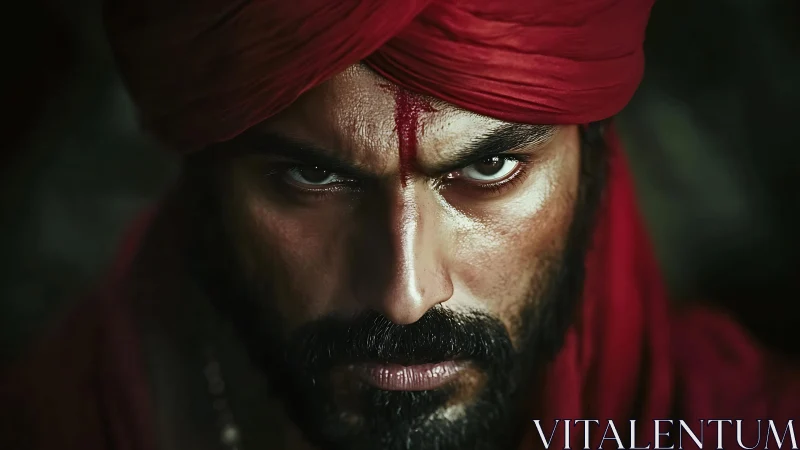 Fierce red-clad man holds an intense, unflinching gaze