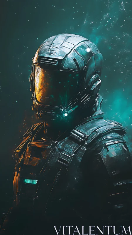 Armored space operative in teal and amber volumetric haze.