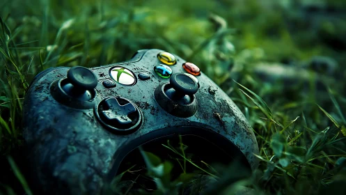 Weathered game controller resting in vivid wild grass.