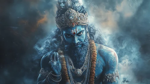 Blue-skinned crowned figure amid dense atmospheric haze.