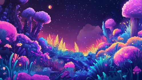 Luminous alien forest glows under starry twilight sky